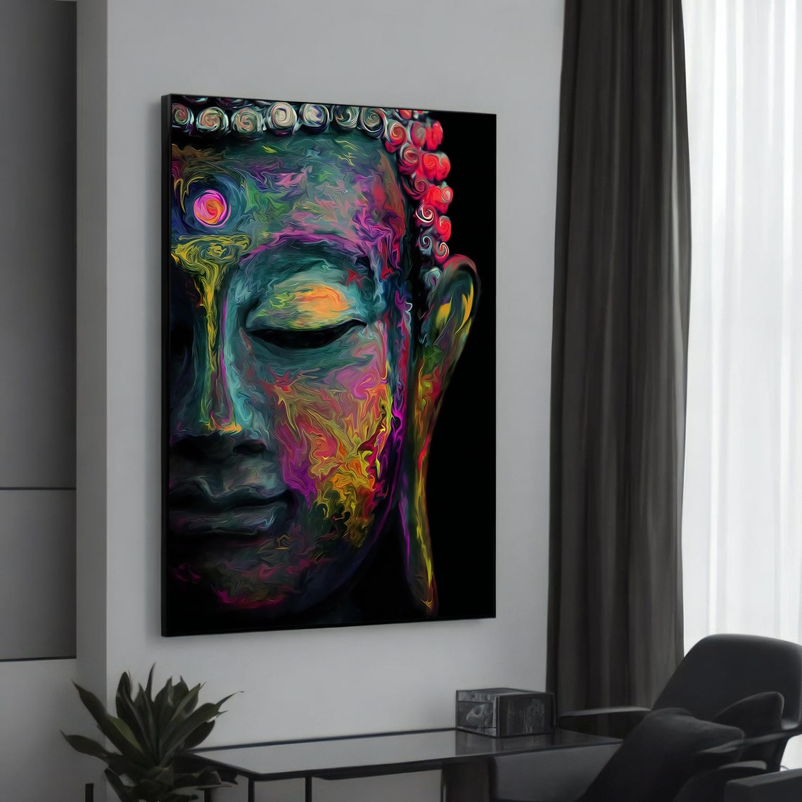 Vibrant Buddha Face Neon Marble Spiritual Abstract Canvas Art Poster