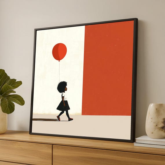 Little Girl Walking With Red Balloon Canvas Minimalist Wall Art Modern Childrens Room Decor Inspirational Print Playful