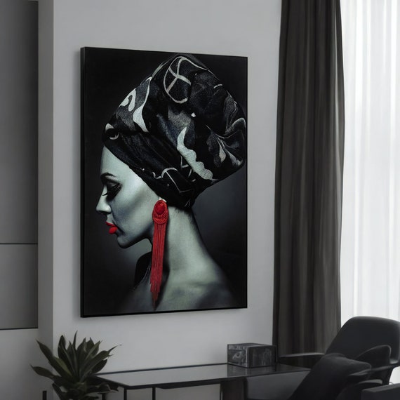 Striking Modern Portrait Canvas Painting Woman In Headwrap With Red Earrings Unique Wall Art Gift Contemporary Home Decor