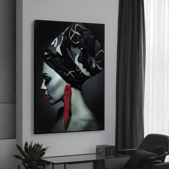 Striking Monochrome Woman in Headwrap Red Earring Portrait Poster