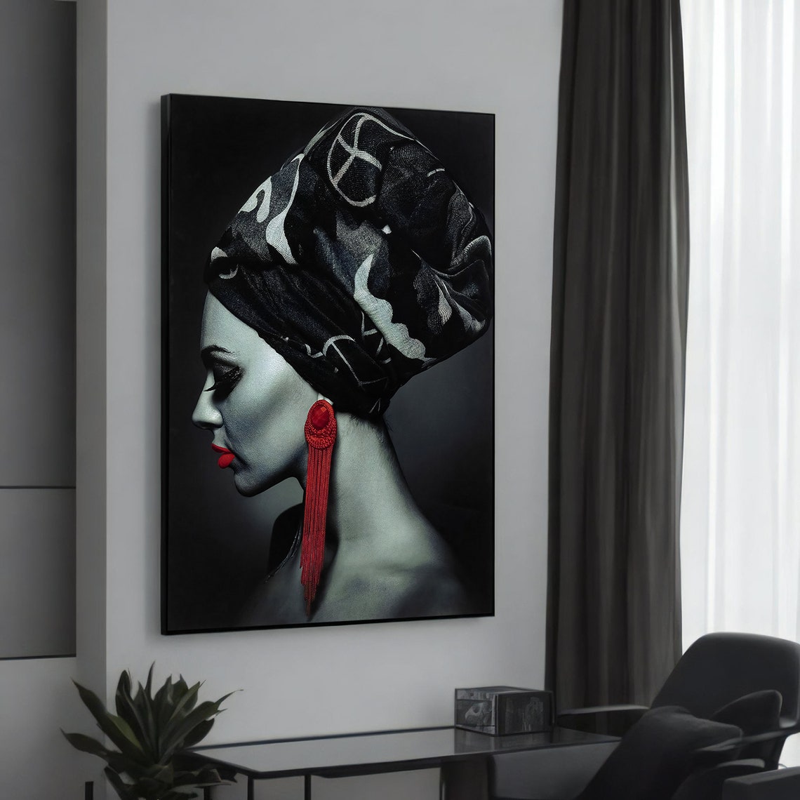 Striking Monochrome Woman in Headwrap Red Earring Portrait Poster