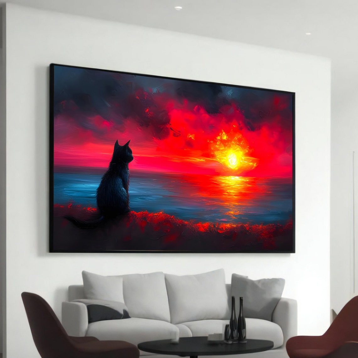 Black Cat Silhouette Crimson Ocean Sunset Dramatic Painting Poster