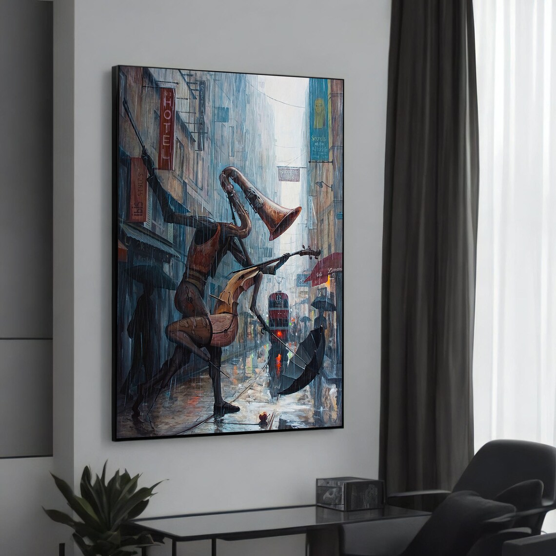 Whimsical Rainy Street, Surreal Wall Decor Art Print