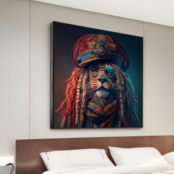 Regal Lion With Dreadlocks Canvas Painting Whimsical Animal Art Modern Wall Decor Unique Home Decoration Ready To Hang