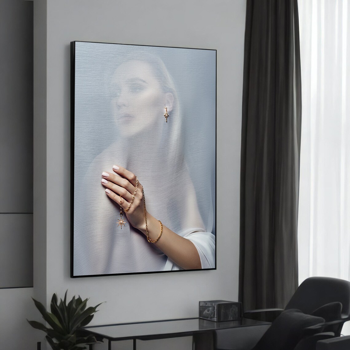 Graceful Woman Translucent Fabric Star Pendant Jewelry Poster
