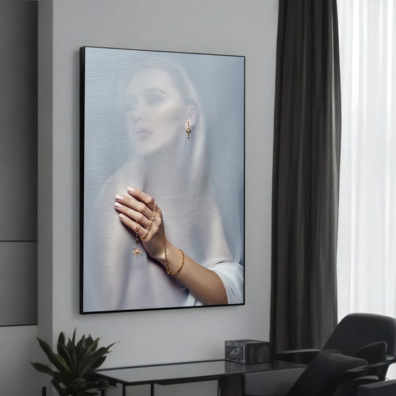 Graceful Woman With Jewelry Behind Translucent Fabric Modern Canvas Painting Unique Sensual Art For Contemporary Wall Decor