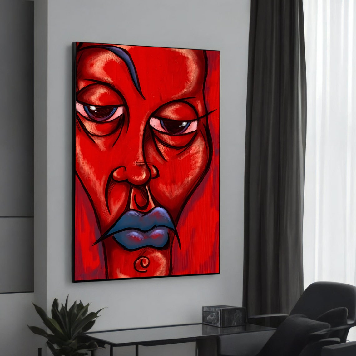 Bold Red Abstract Face Blue Lips Graffiti Urban Portrait Poster