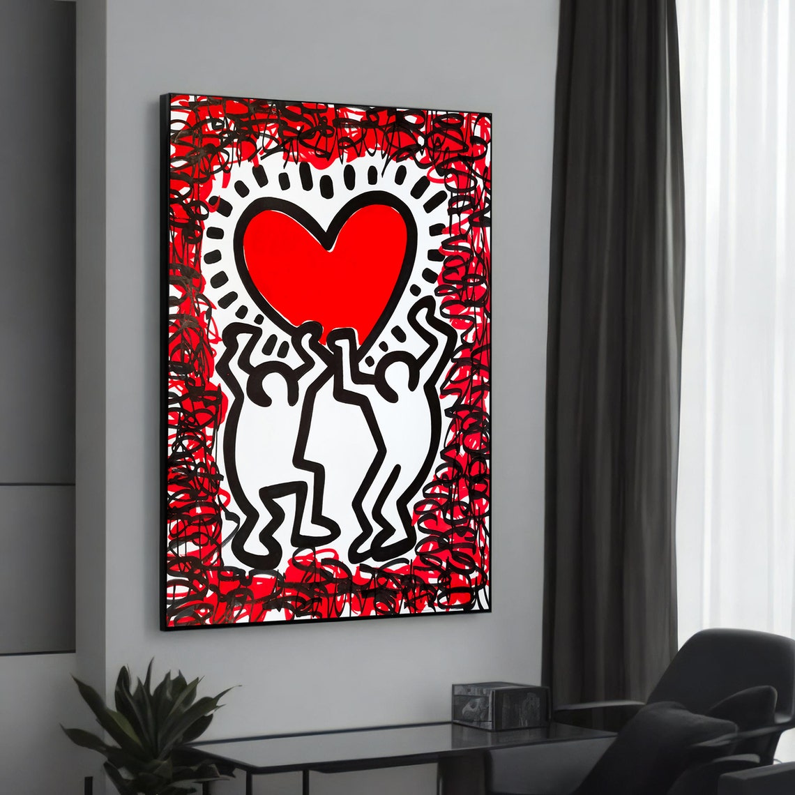 Street Art Dynamic Duo Holding Red Heart Pop Graffiti Canvas Poster
