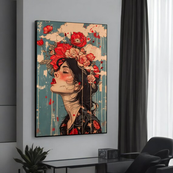 Colorful Floral Woman Red Flower Crown Teal Vintage Style Wall Art