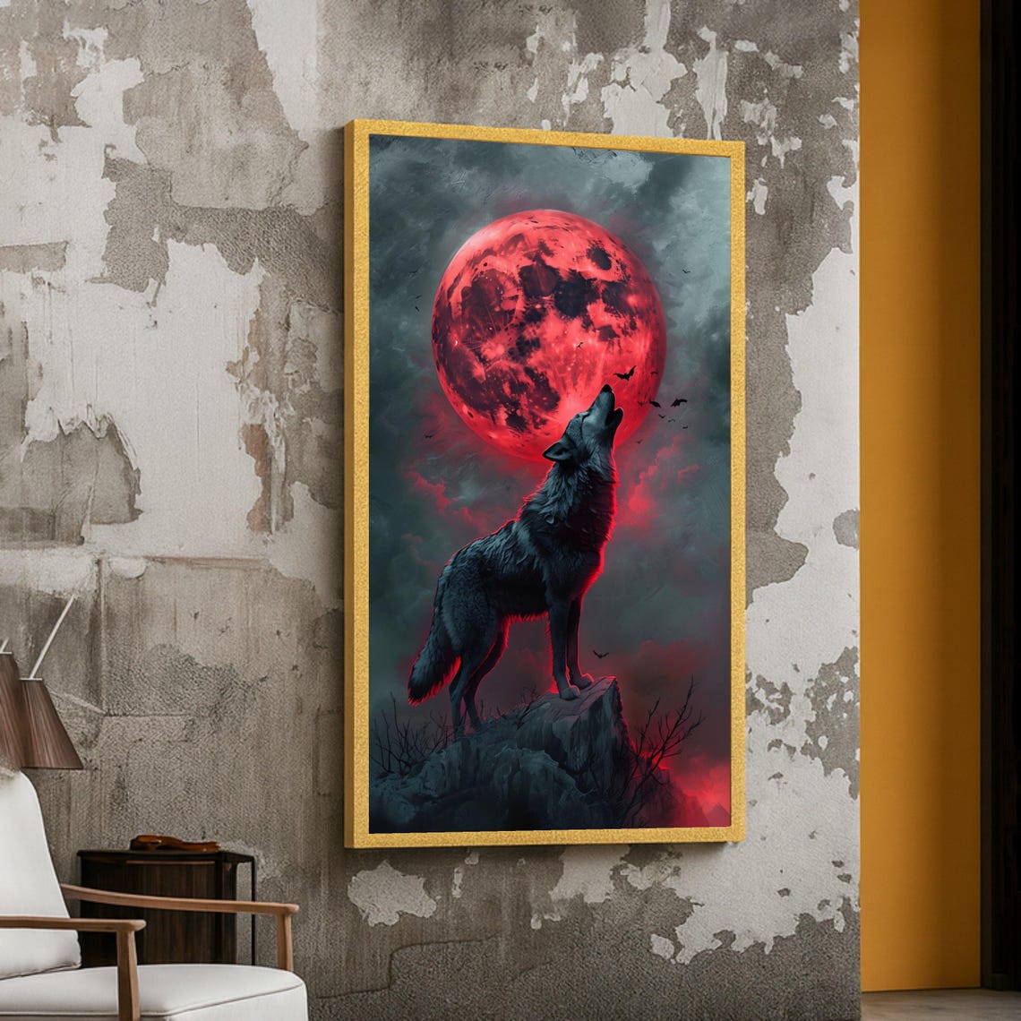 Howling Wolf Red Moon Gothic Fantasy Night Wildlife Wall Art Decor