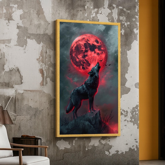Howling Wolf With Red Moon Canvas Gothic Wall Art Fantasy Night Scene Dark Forest Decoration Mystical Animal Print Ready To Hang