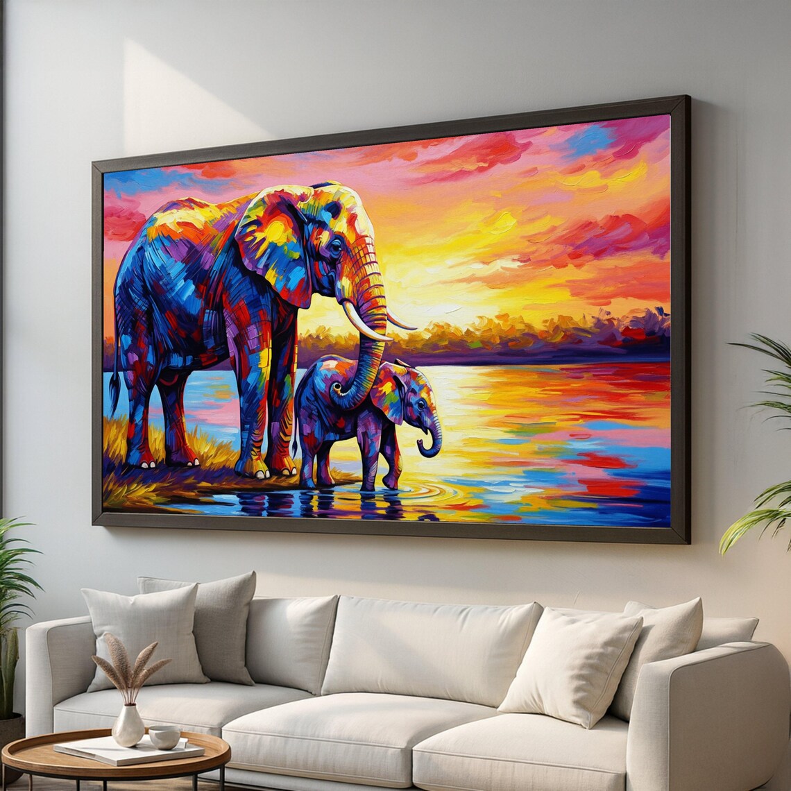 Elephant Family Art Print, Abstract Safari Landscape