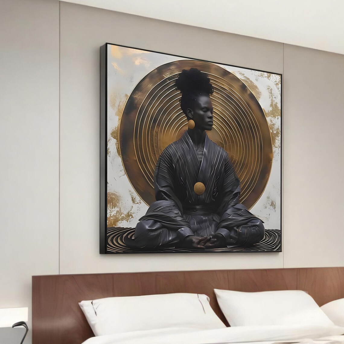 Sophisticated African Woman Meditating Gold Halo Canvas Portrait Poster