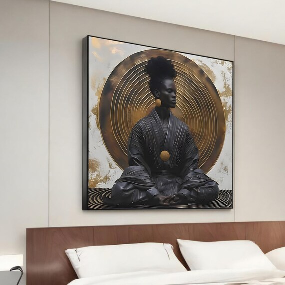 Sophisticated African Woman Meditating Gold Halo Canvas Portrait Poster