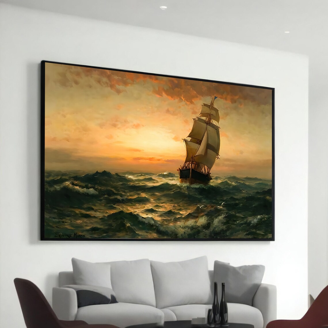 Majestic Ship At Sea Art Print, Dramatic Landscape