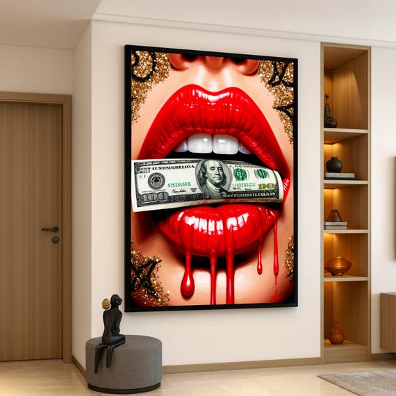 Bold Red Lips With Dripping Paint Money In Mouth Canvas Glamorous Wall Art Luxury Fashion Decor Modern Pop Print