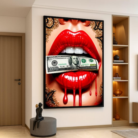 Red Glossy Lips Biting Hundred Dollar Bill Bold Pop Art Poster