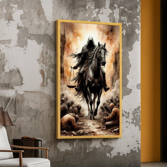 Dark Hooded Rider On Black Horse Canvas Apocalyptic Fantasy Wall Art Gothic Medieval Scene Scales Of Justice Artwork Dramatic Home