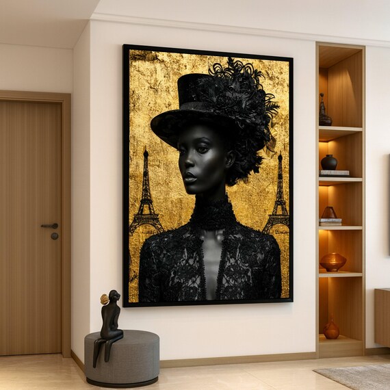 Elegant Black Victorian Hat Portrait Canvas Vintage Fashion Wall Art Paris Eiffel Tower Background Gothic Style Home Decoration