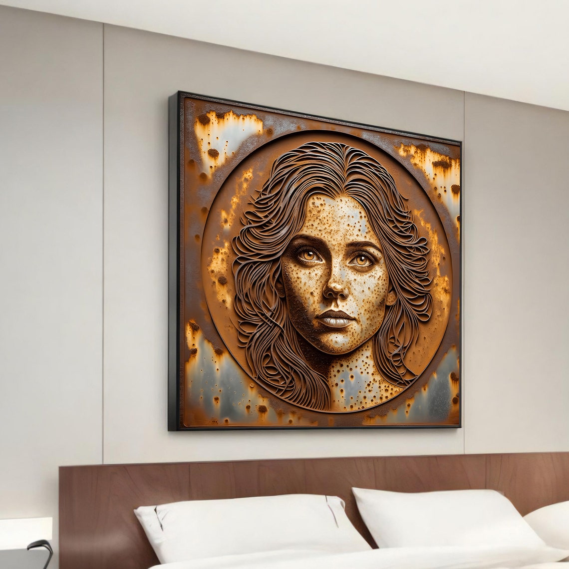 Rustic Embossed Woman Face Relief Metal Style Canvas Wall Art