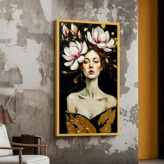 Woman Portrait With Magnolia Flowers Gold Dress Dark Floral Poster