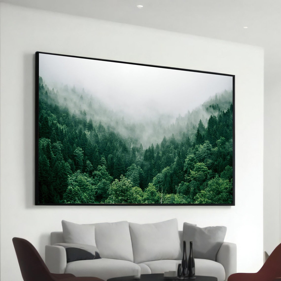 Misty Pine Forest Fog Green Mountain Trees Nature Landscape Poster