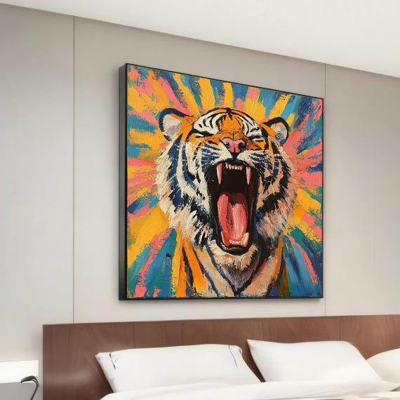 Colorful Roaring Tiger Canvas Multicolor Wall Art Bold Animal Print Dynamic Design Ready To Hang Decoration