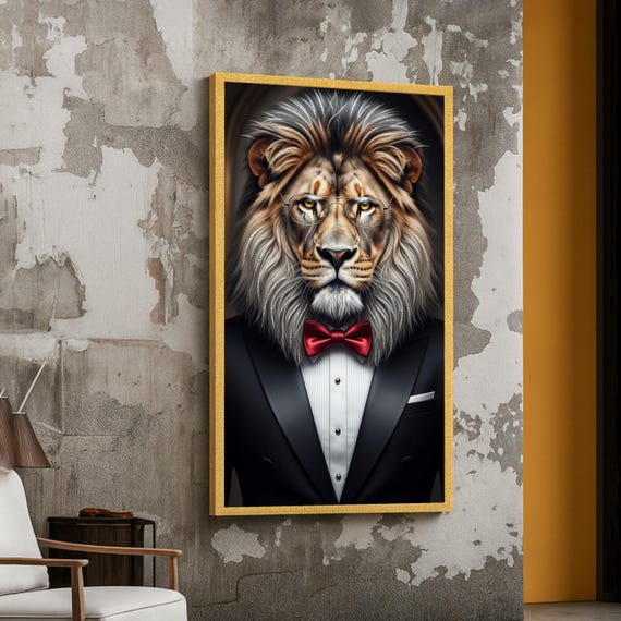 Elegant Lion Portrait Canvas Dapper In Tuxedo Wall Art Animal Character Artwork Modern Home Decor Ready To Hang