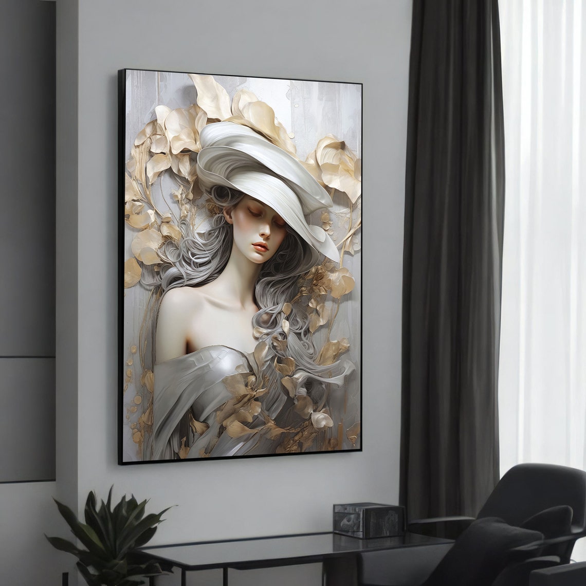 Graceful Woman in White Hat Gold Leaves Modern Elegant Art Poster