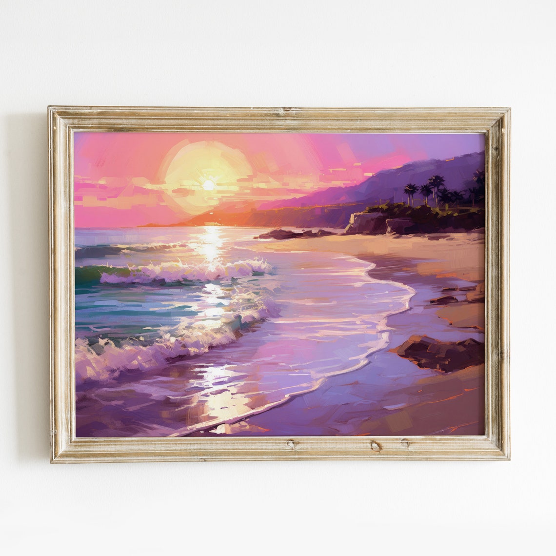 California Beach Sunset Pink Ocean Waves Palm Shore Travel Poster