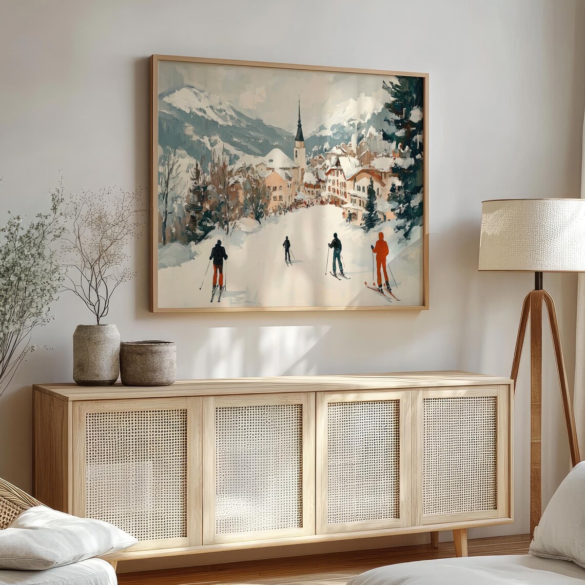 Vintage Alpine Skiers Village Church Snowy Winter Travel Poster - Image 4