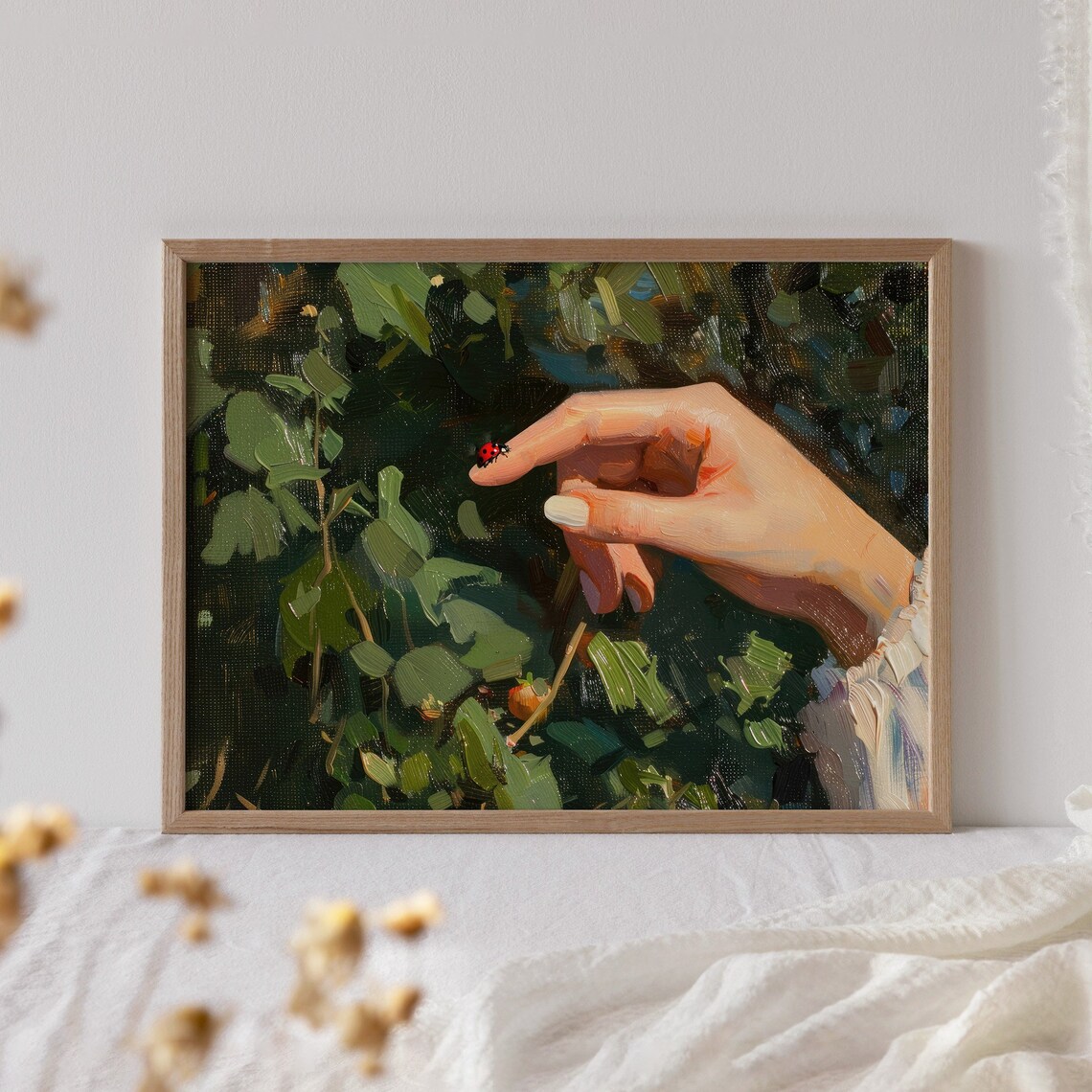 Ladybug On Finger Garden Oil Painting Vintage Wall Art Print - Image 4