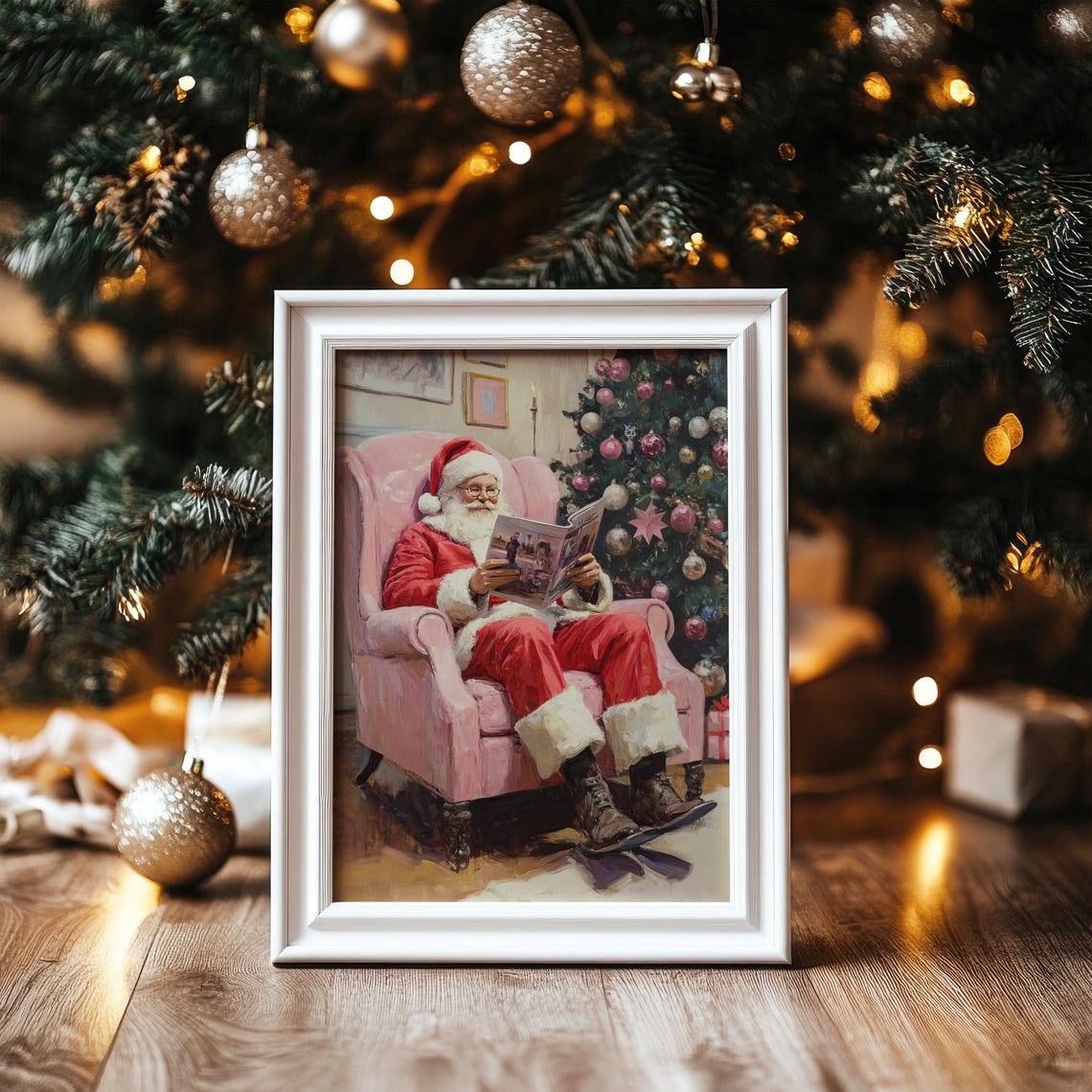 Santa Claus Reading By Christmas Tree Pink Armchair Art Poster - Image 6