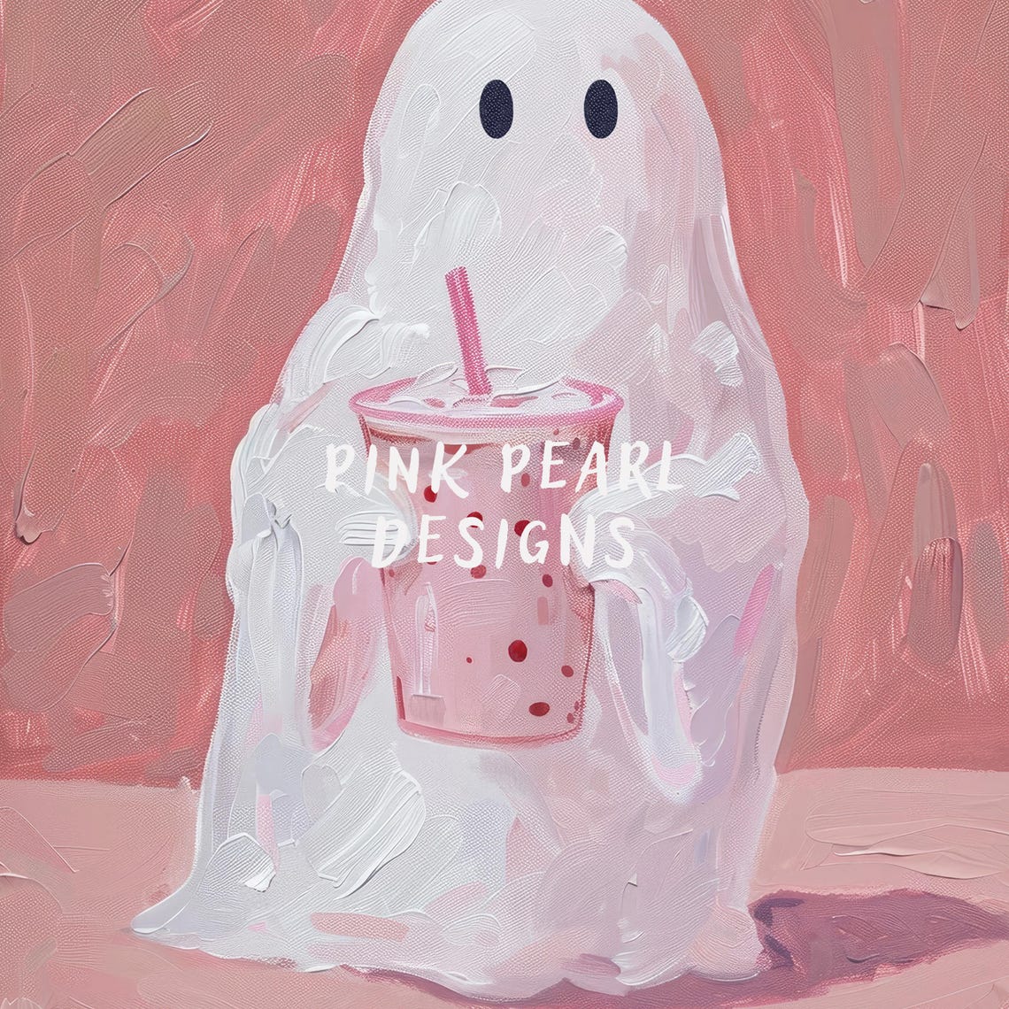 Cute Ghost With Bubble Tea Halloween Wall Art Preppy Halloween Room Decor Trendy Spooky Ghost Pink Wall Art - Image 6