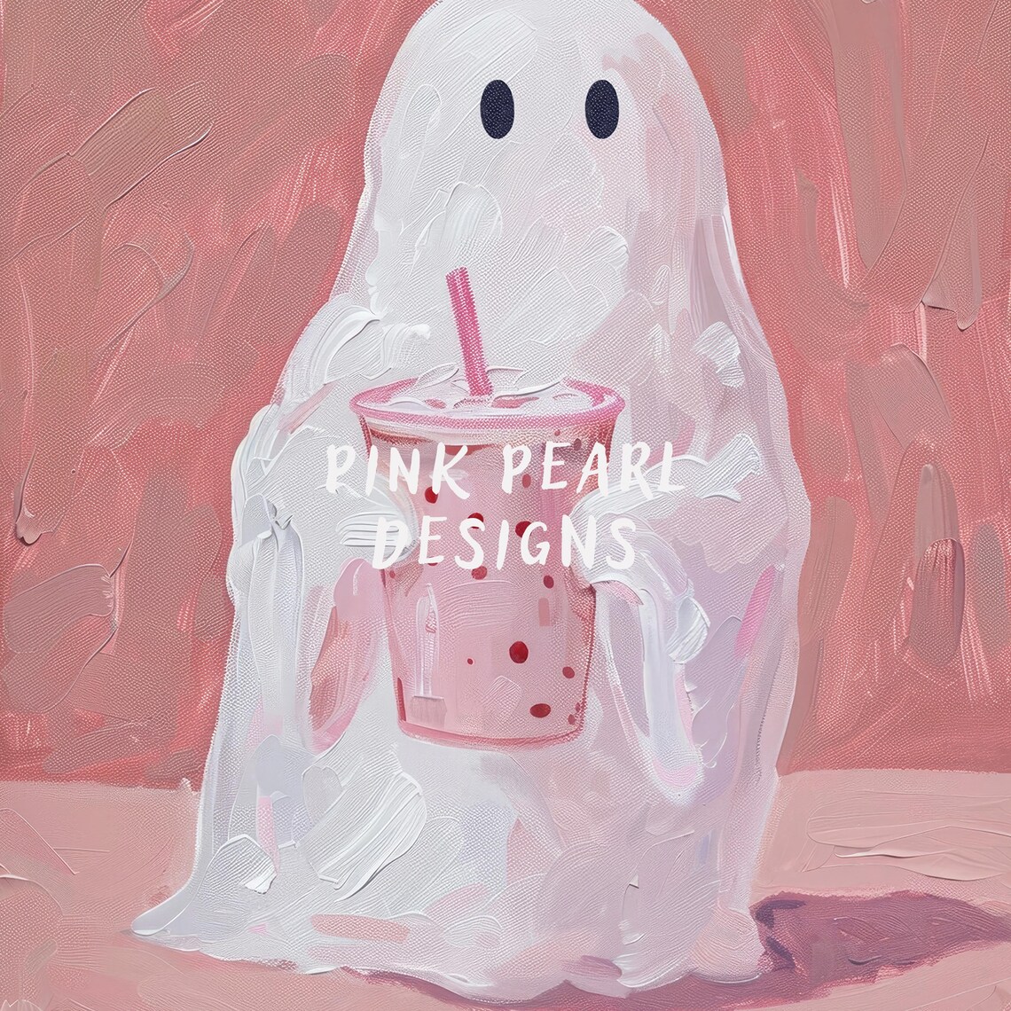 Cute Ghost With Pink Bubble Tea Boba Cup Spooky Sweet Halloween Wall Poster - Image 6