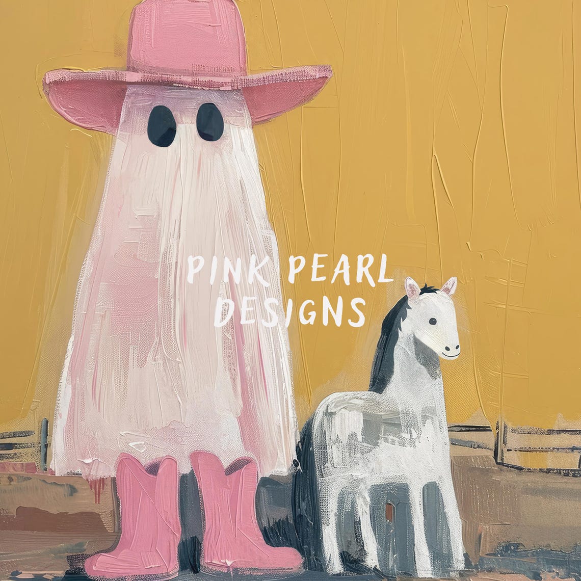 Cowgirl Ghost Pink Hat Boots With Horse Halloween Art Poster - Image 6