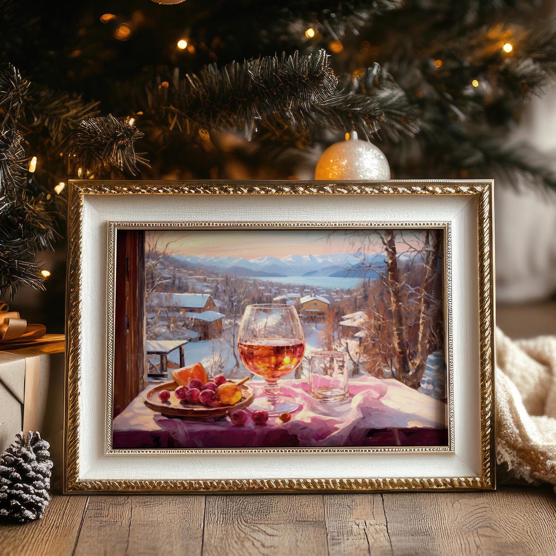 Mulled Wine Glass Over Alpine Lake Village Sunset Art Poster - Image 5