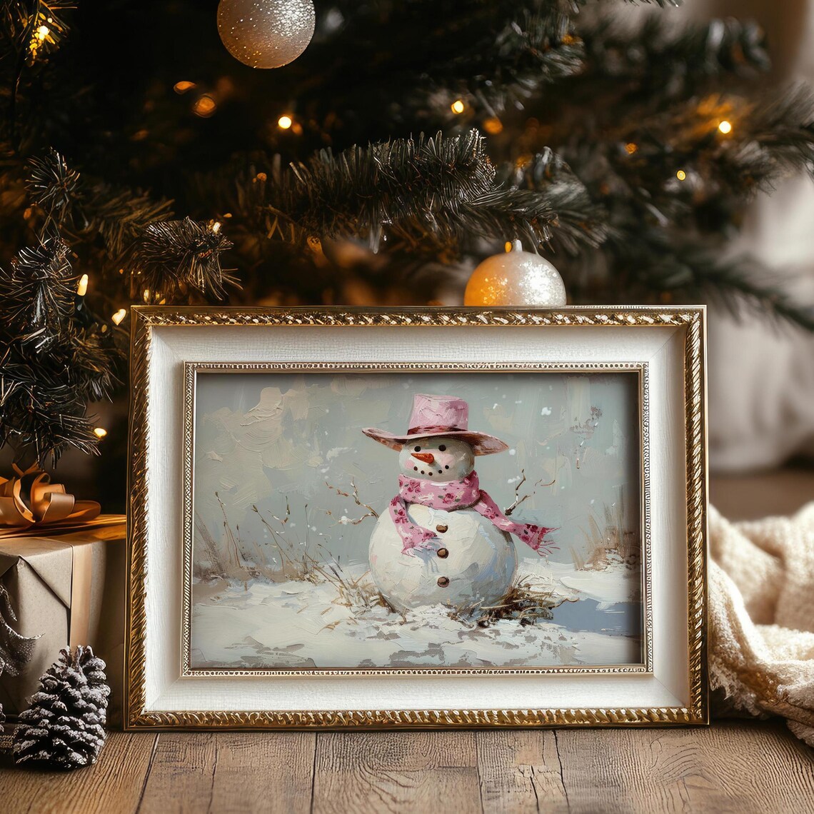 Snowman With Pink Cowboy Hat Scarf Winter Western Art Poster - Image 5