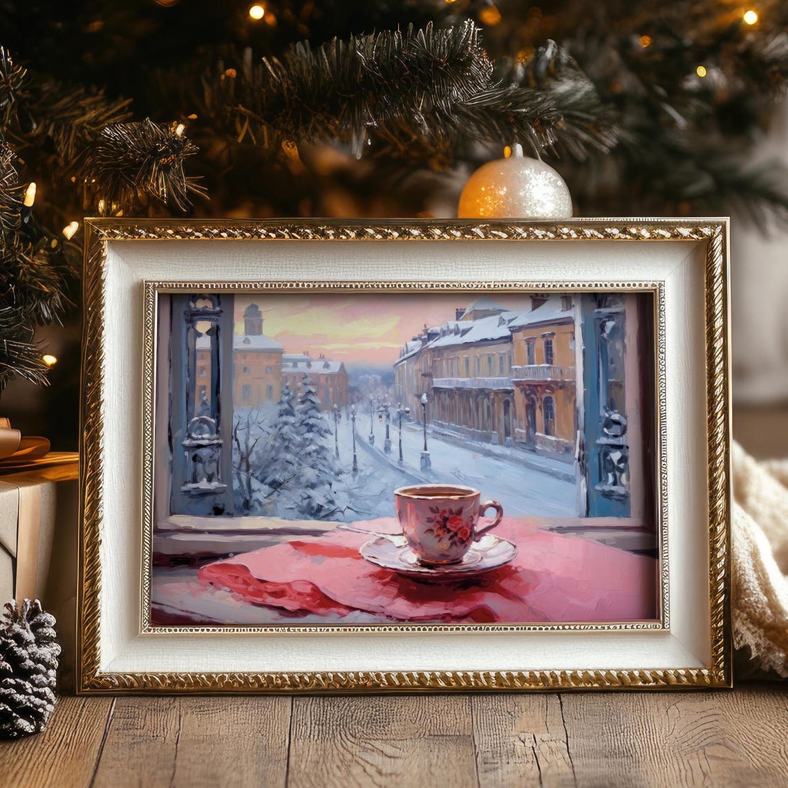 Cozy Coffee Cup Pink Windowsill Snowy Street Winter Morning Poster