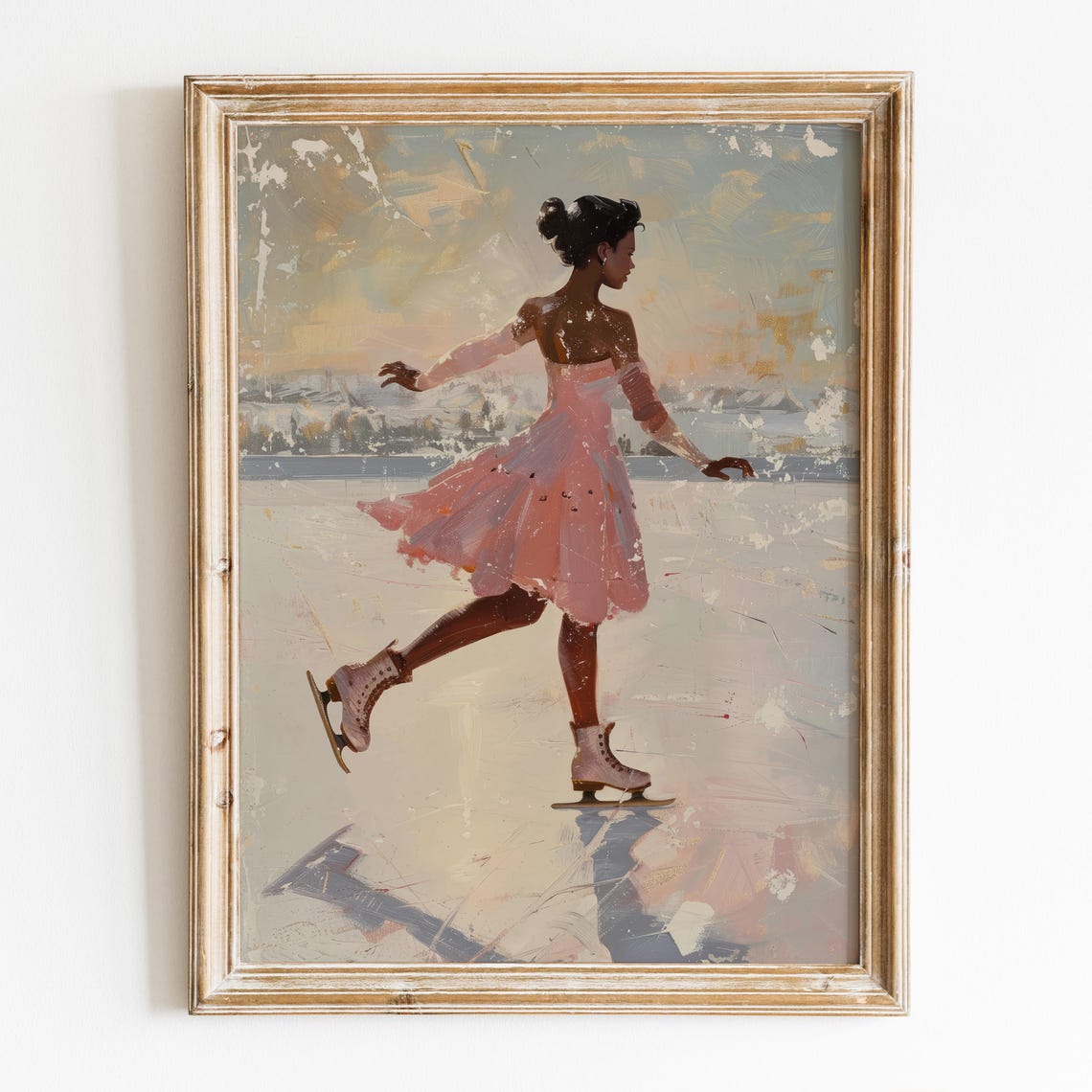 Figure Skater Girl Wall Art Preppy Room Decor Ice Skating Black Girl Poster Girly Pink Winter Print Christmas