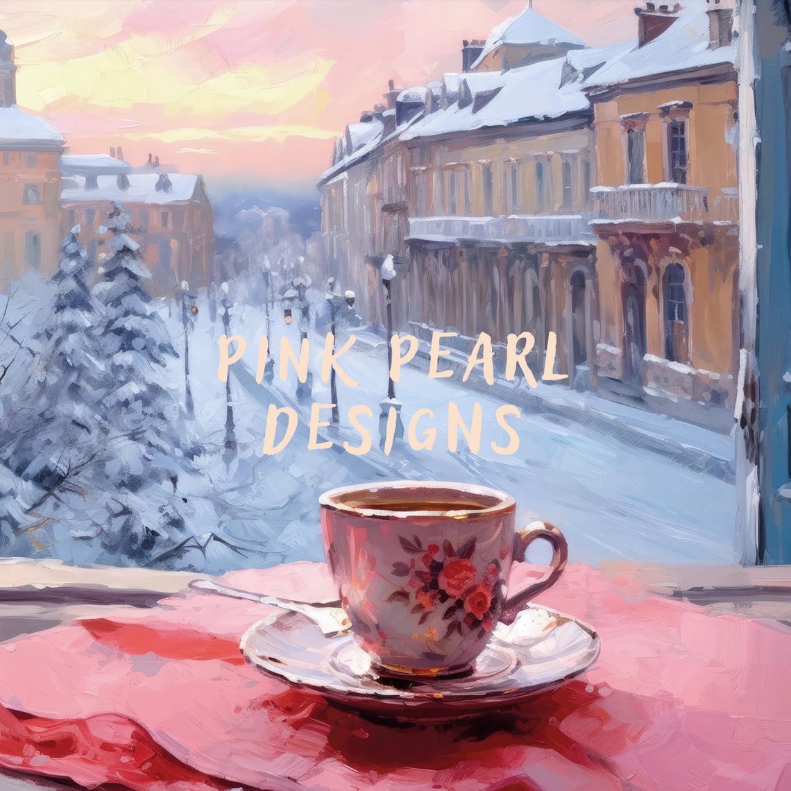 Cozy Coffee Cup Pink Windowsill Snowy Street Winter Morning Poster - Image 2