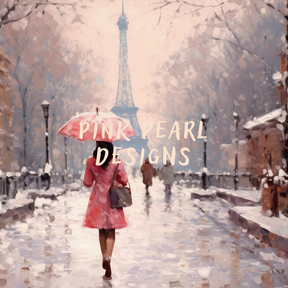 Paris Snowy Street Pink Umbrella Eiffel Tower Winter Walk Art Poster - Image 2