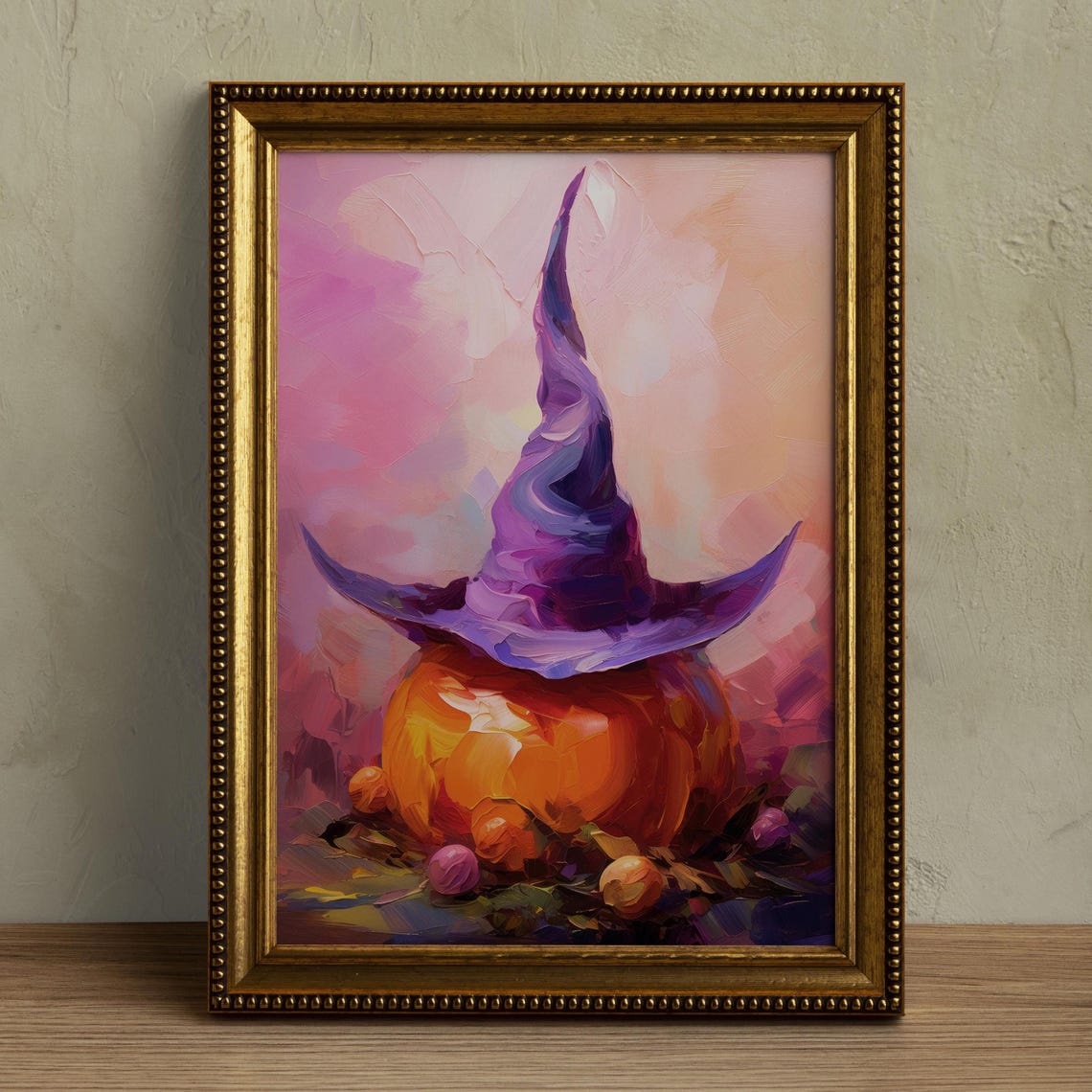 Purple Witch Hat on Orange Pumpkin Halloween Fall Oil Painting Poster - Image 4
