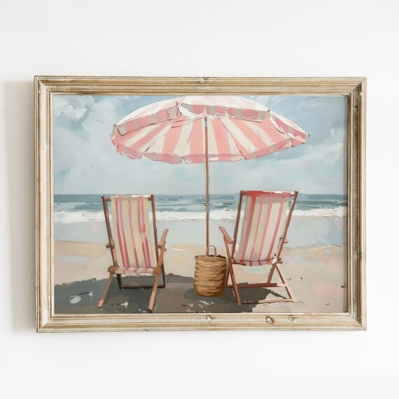 Pink Beach Umbrella Chairs Travel Poster, Summer Decor