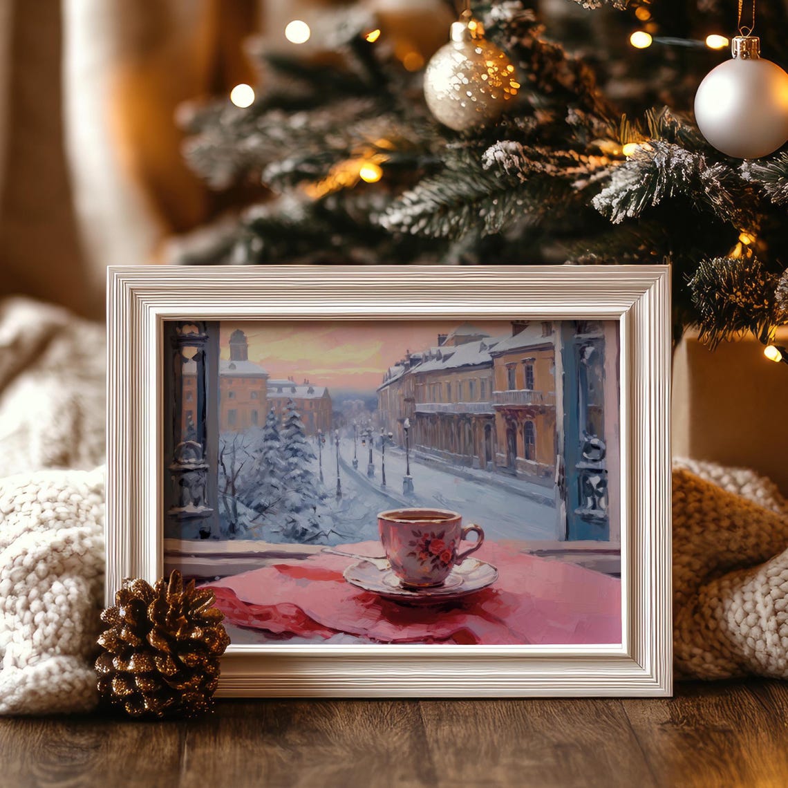 Cozy Coffee Cup Pink Windowsill Snowy Street Winter Morning Poster - Image 5