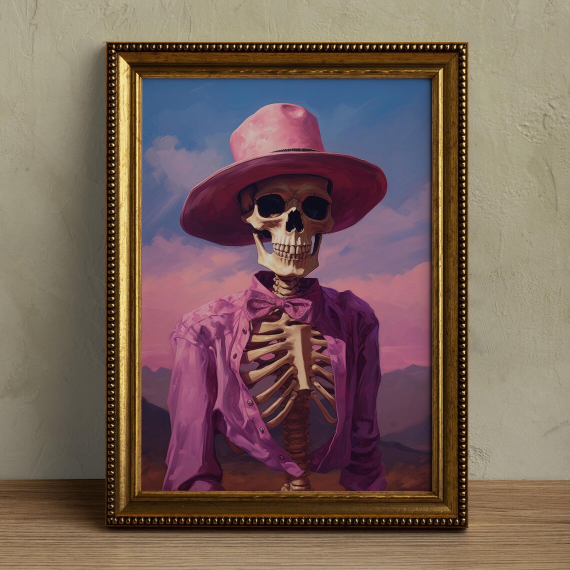 Pink Cowboy Skeleton Hat Bow Tie Sunset Desert Halloween Party Wall Poster - Image 5