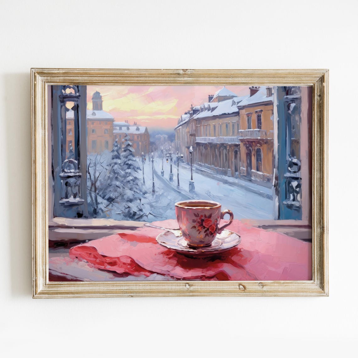 Cozy Coffee Cup Pink Windowsill Snowy Street Winter Morning Poster - Image 7
