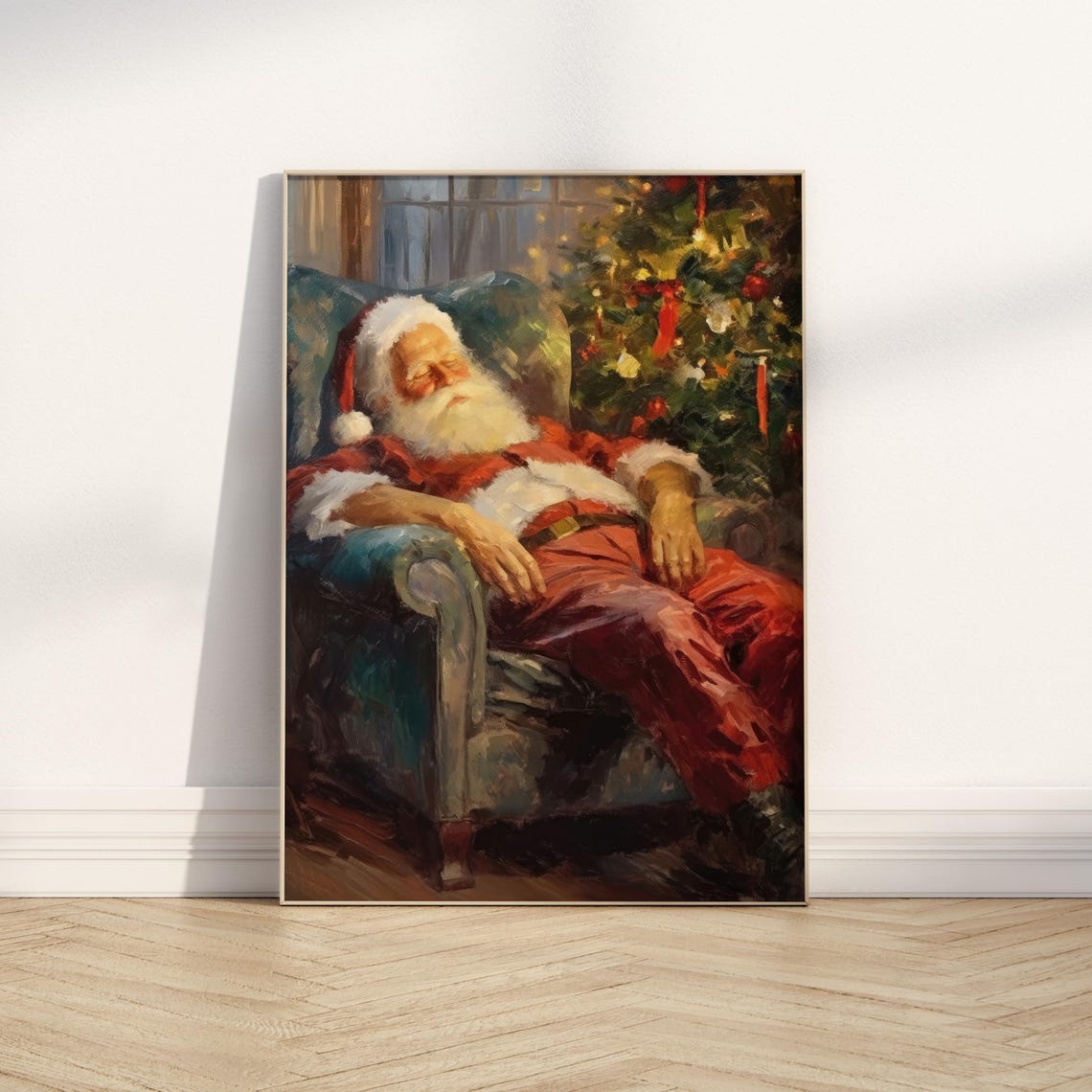 Sleeping Santa Claus Armchair Christmas Tree Painting Wall Art - Image 3