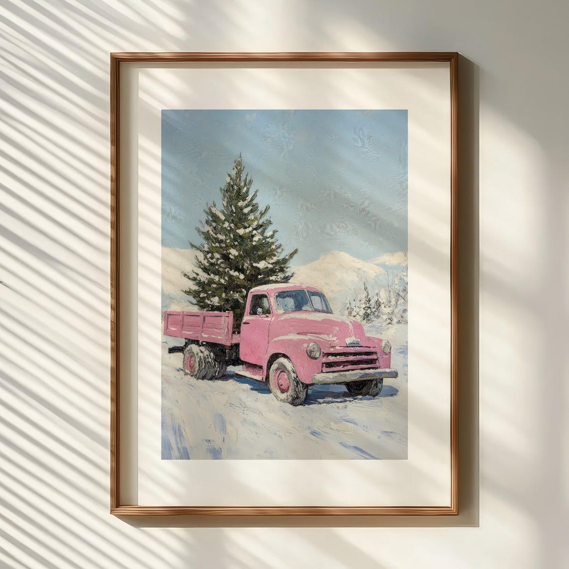 Pink Vintage Truck Hauling Christmas Tree Snowy Wall Art Poster - Image 3