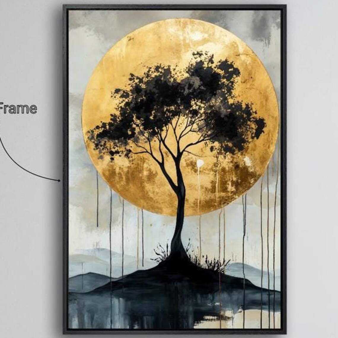 Black Tree Silhouette, Abstract Sun Art Print